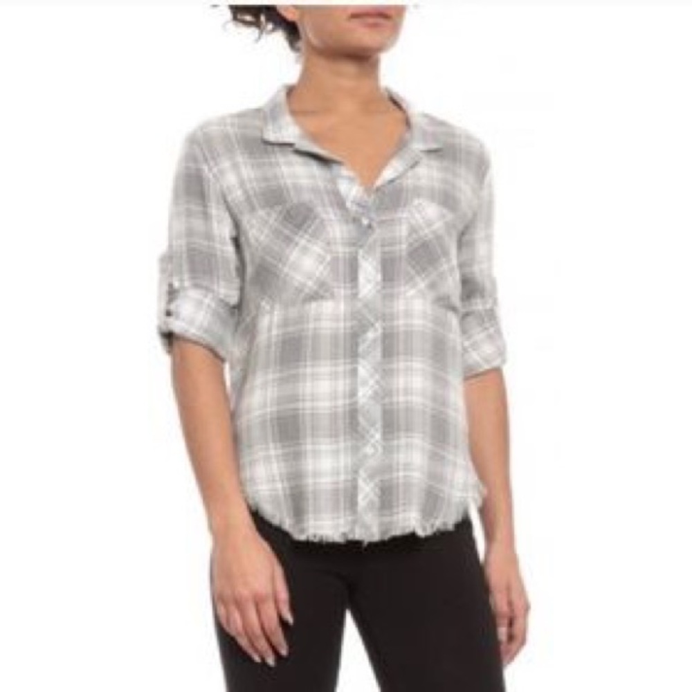Anthro Cloth & Stone Gray Plaid Frayed Edge Button Down Shirt Top - Picture 5 of 8